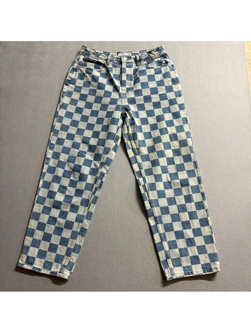 Forever 21 Checkered Jeans Womens 30 Blue White Checkerboard Straight Leg Denim